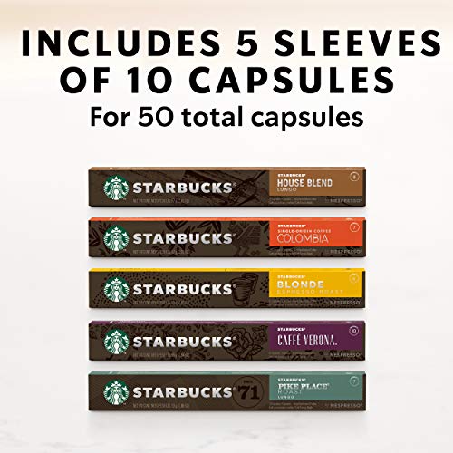 Starbucks by Nespresso, Favorites Variety Pack (50-count single serve capsules, 10 of each flavor, compatible with Nespresso Original Line System)