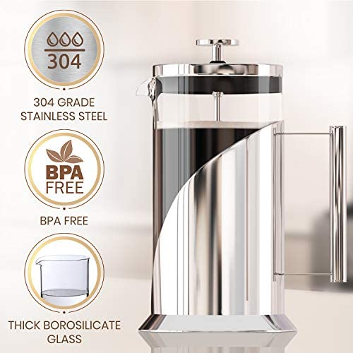 French Press Coffee Maker - 4 Level Filtration System - 304 Grade Stainless Steel - Heat Resistant Borosilicate Glass by Cafe du Chateau (34 Ounce)